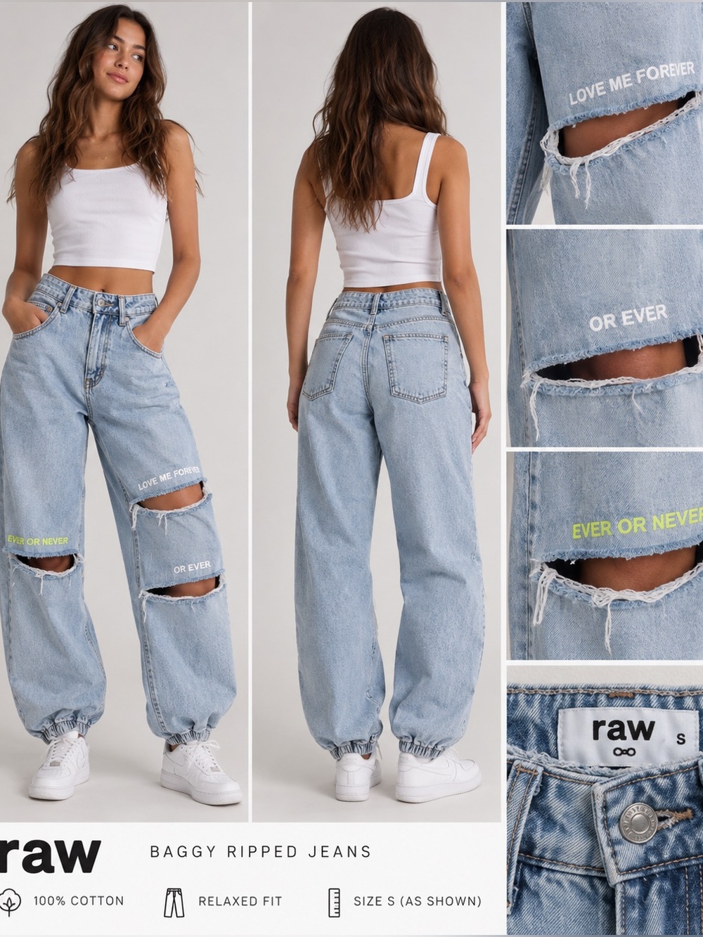 Raw light-wash baggy jeans elasticized jogger-style ankles size small